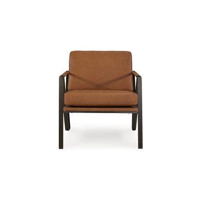 Benjara Gery Accent Chair, Caramel Brown Top Grain Leather, Bronze Metal Frame