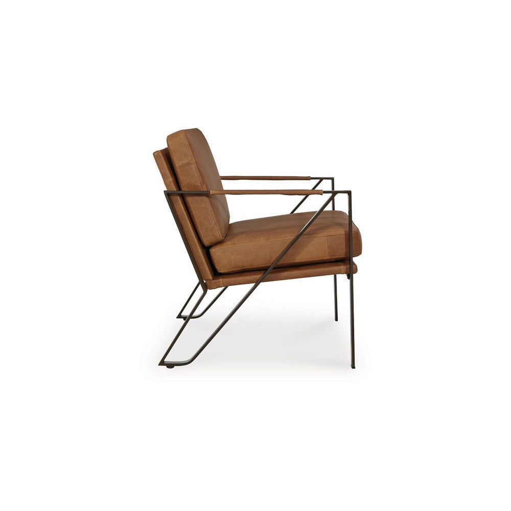 Benjara Gery Accent Chair, Caramel Brown Top Grain Leather, Bronze Metal Frame