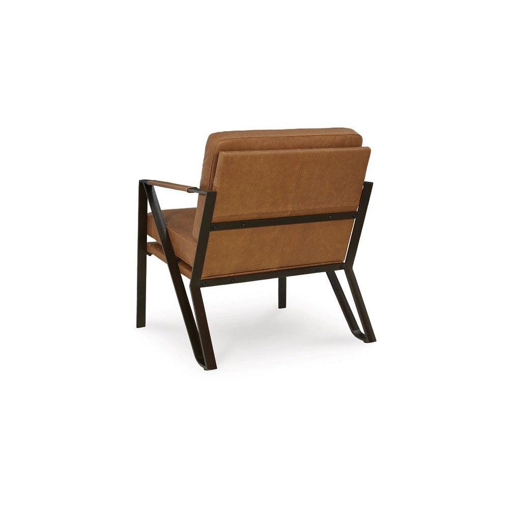 Benjara Gery Accent Chair, Caramel Brown Top Grain Leather, Bronze Metal Frame