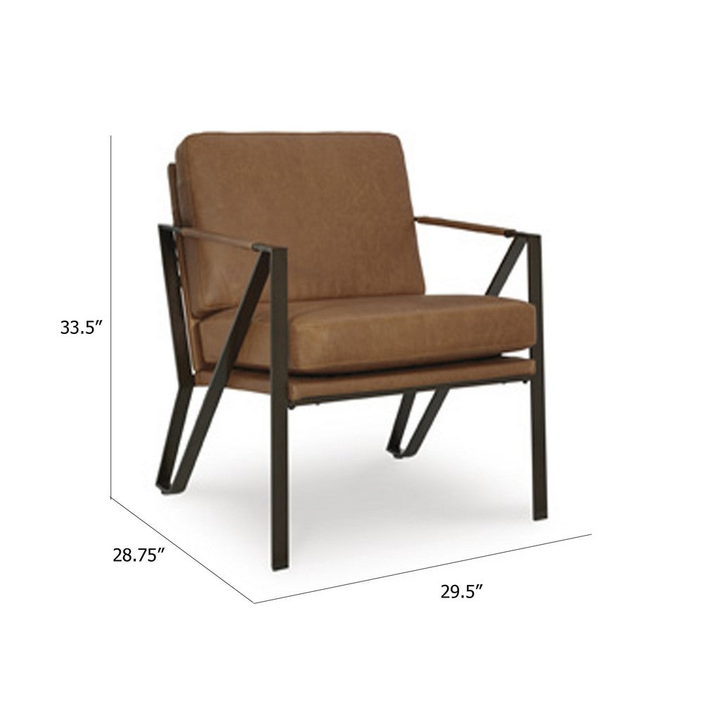 Benjara Gery Accent Chair, Caramel Brown Top Grain Leather, Bronze Metal Frame