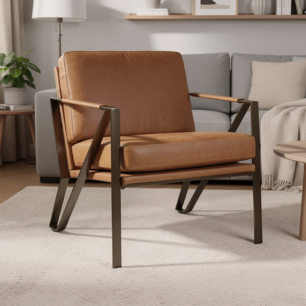 Benjara Gery Accent Chair, Caramel Brown Top Grain Leather, Bronze Metal Frame
