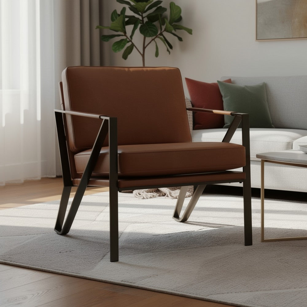 Benjara Gery Accent Chair, Caramel Brown Top Grain Leather, Bronze Metal Frame