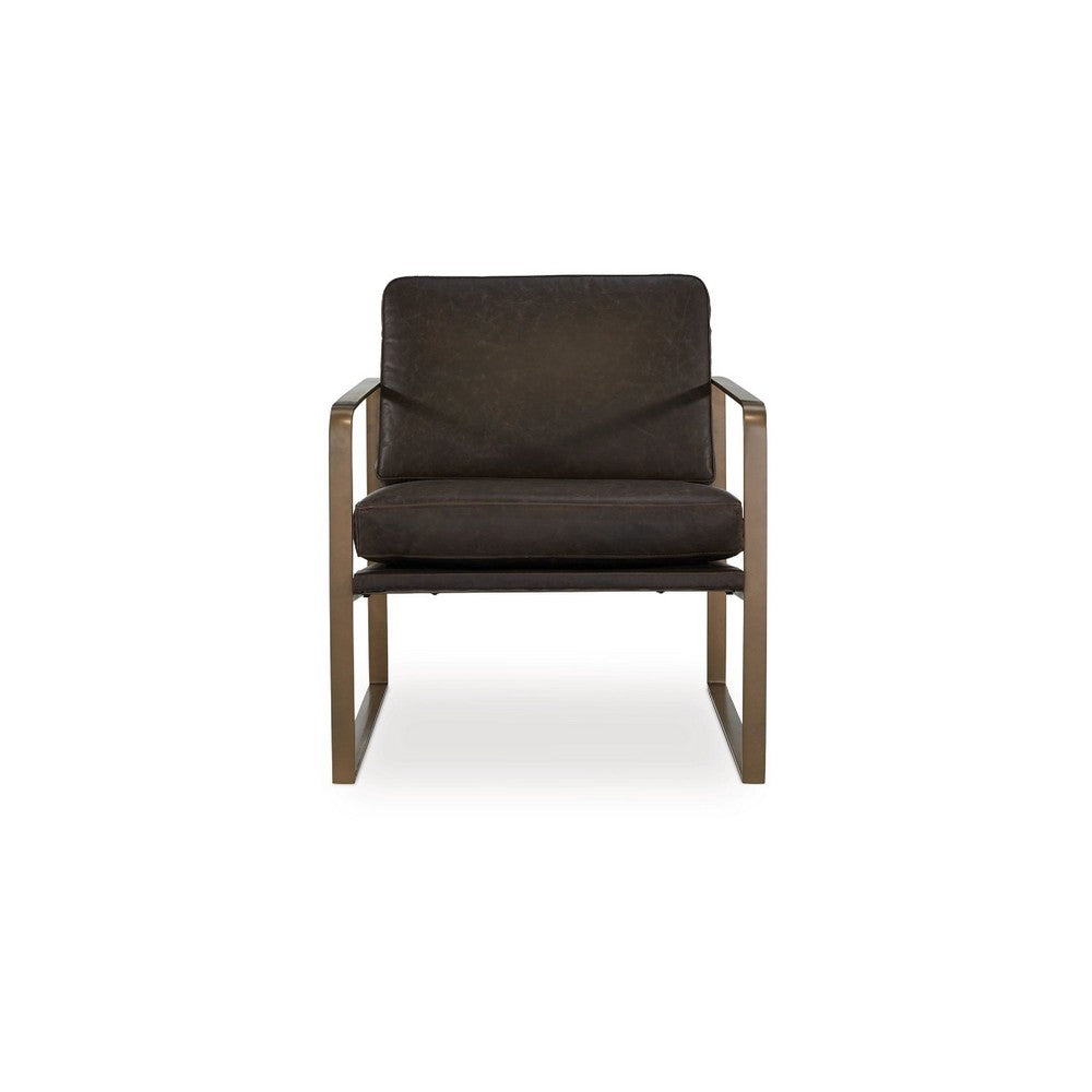Benjara Bary Accent Chair, Dark Brown Top Grain Leather Cushions, Gold Metal