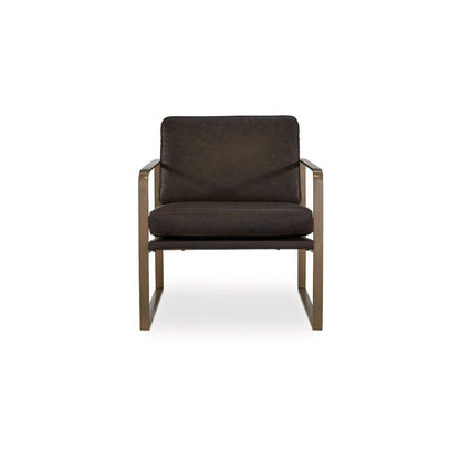 Benjara Bary Accent Chair, Dark Brown Top Grain Leather Cushions, Gold Metal