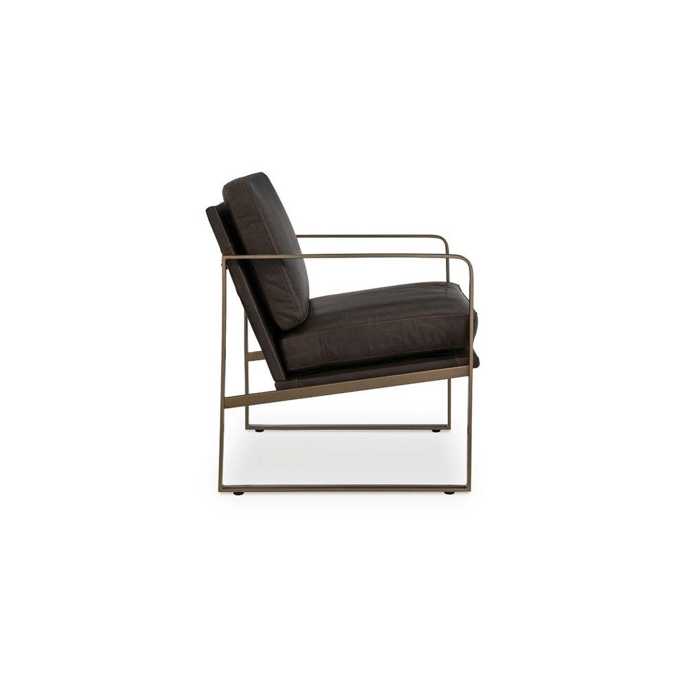 Benjara Bary Accent Chair, Dark Brown Top Grain Leather Cushions, Gold Metal