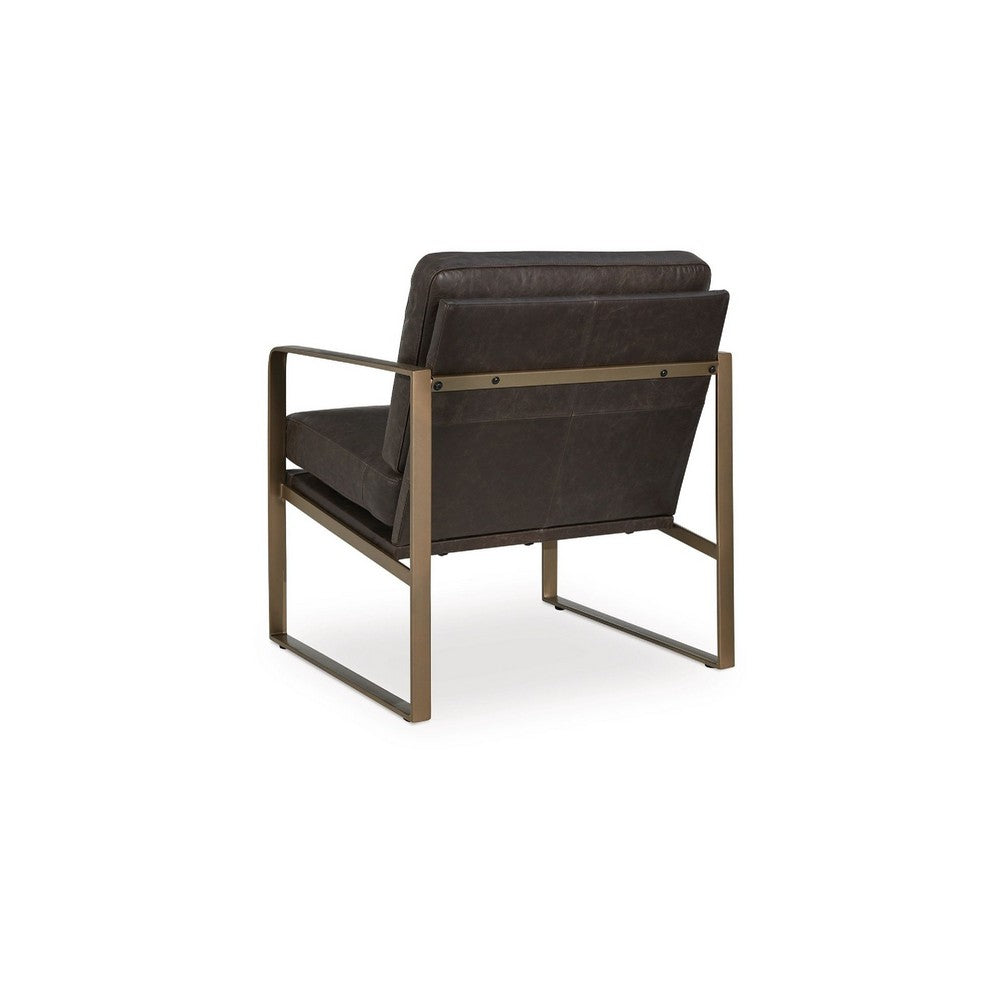 Benjara Bary Accent Chair, Dark Brown Top Grain Leather Cushions, Gold Metal