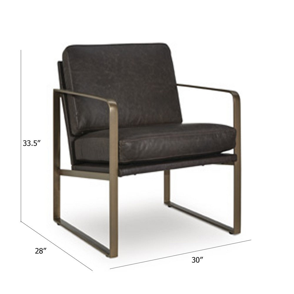 Benjara Bary Accent Chair, Dark Brown Top Grain Leather Cushions, Gold Metal