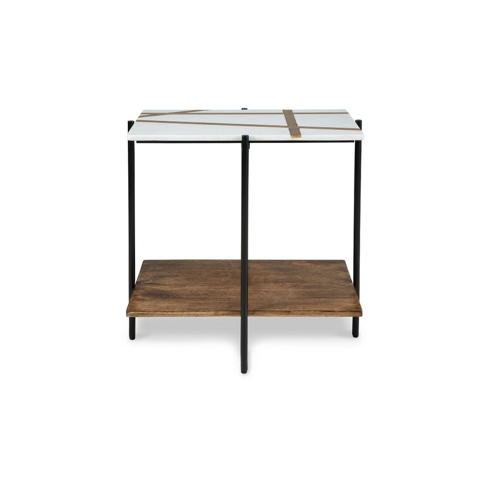 Benjara Broy Accent Table, 22 Inch White Marble Top with Wood Inlay, Lower Shelf