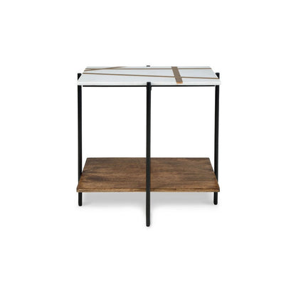 Benjara Broy Accent Table, 22 Inch White Marble Top with Wood Inlay, Lower Shelf