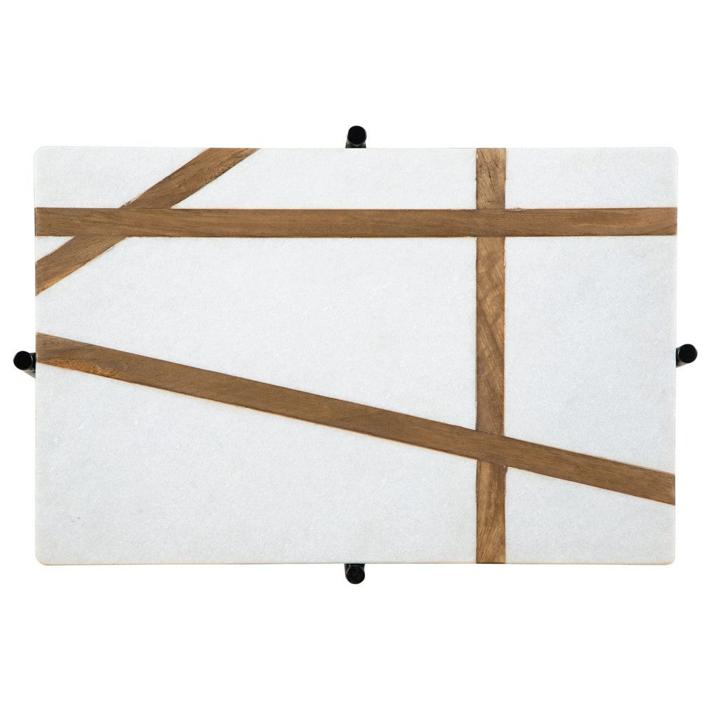 Benjara Broy Accent Table, 22 Inch White Marble Top with Wood Inlay, Lower Shelf