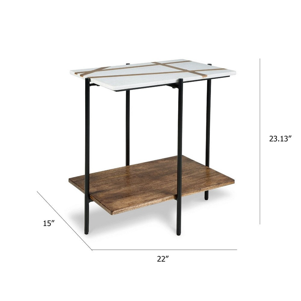 Benjara Broy Accent Table, 22 Inch White Marble Top with Wood Inlay, Lower Shelf