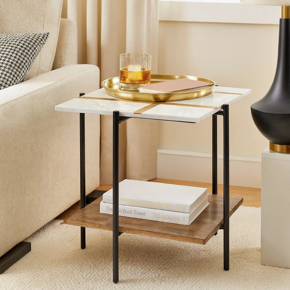 Benjara Broy Accent Table, 22 Inch White Marble Top with Wood Inlay, Lower Shelf