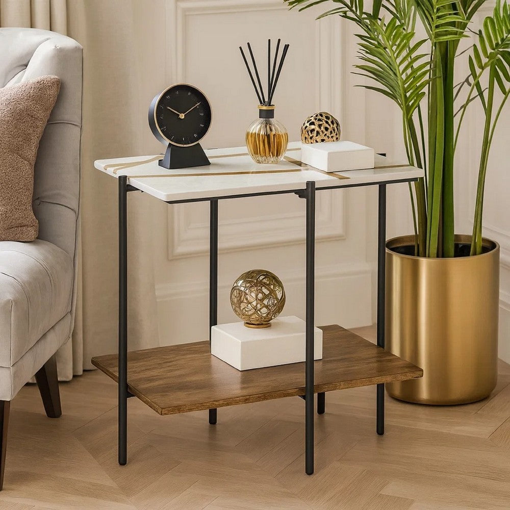 Benjara Broy Accent Table, 22 Inch White Marble Top with Wood Inlay, Lower Shelf