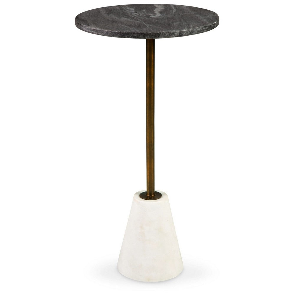 Benjara Cira Accent Table, 12 Inch Round Black And White Marble Top, Gold Metal