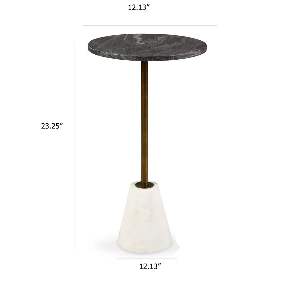Benjara Cira Accent Table, 12 Inch Round Black And White Marble Top, Gold Metal