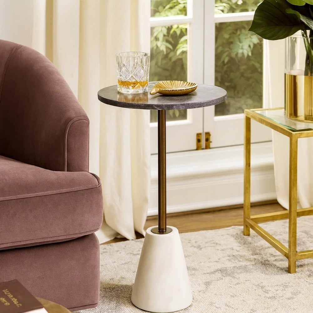 Benjara Cira Accent Table, 12 Inch Round Black And White Marble Top, Gold Metal