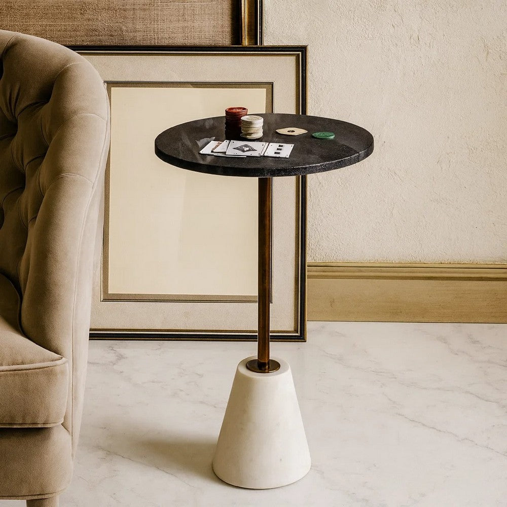 Benjara Cira Accent Table, 12 Inch Round Black And White Marble Top, Gold Metal