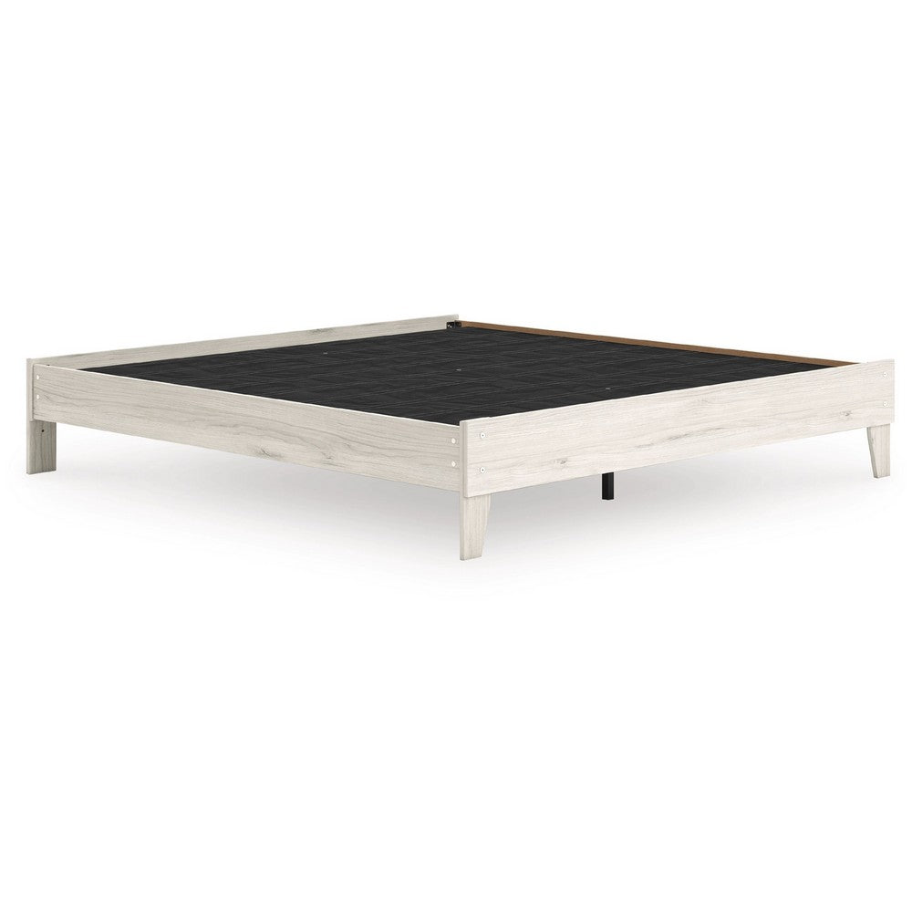 Benjara Soca King Size Platform Bed, Whitewashed Oak Grain, Low Profile, Plywood Base