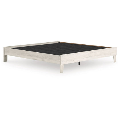 Benjara Soca King Size Platform Bed, Whitewashed Oak Grain, Low Profile, Plywood Base