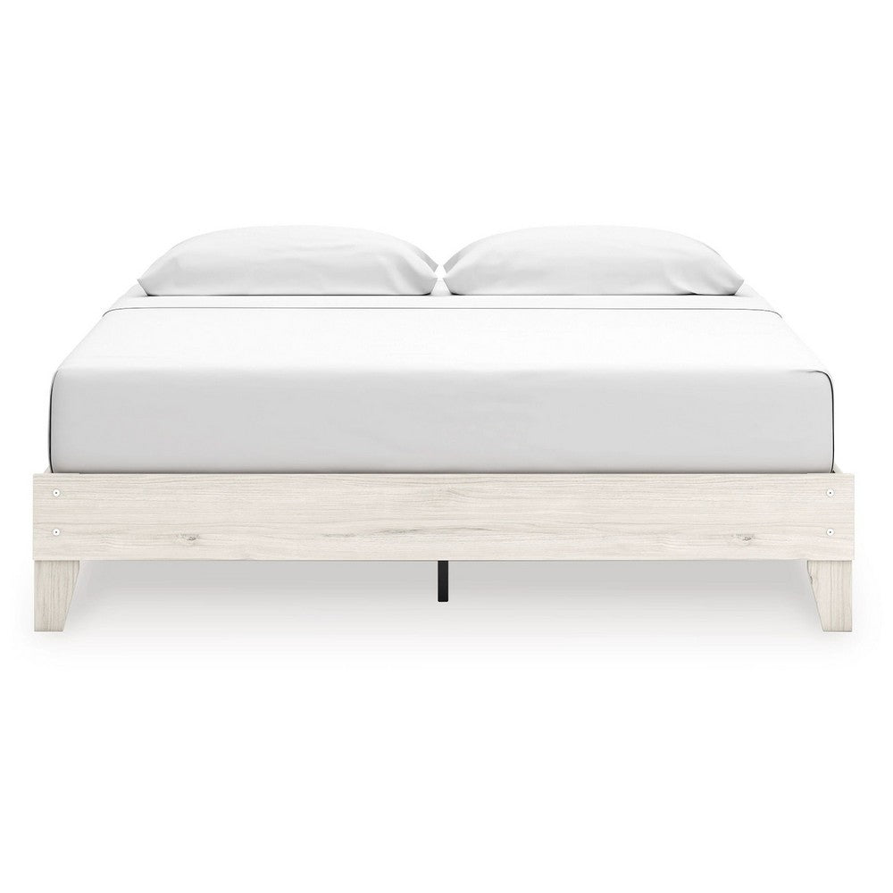Benjara Soca King Size Platform Bed, Whitewashed Oak Grain, Low Profile, Plywood Base