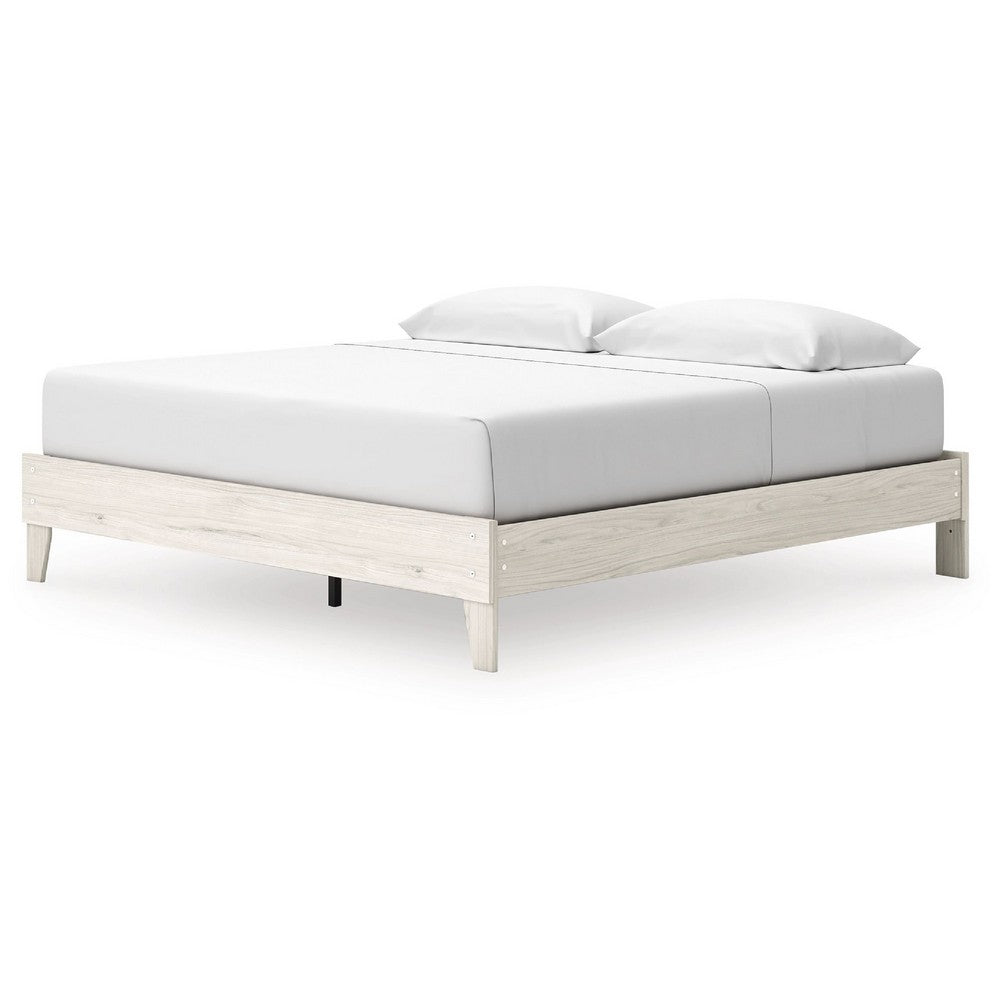 Benjara Soca King Size Platform Bed, Whitewashed Oak Grain, Low Profile, Plywood Base