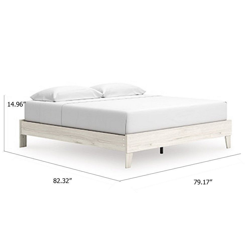 Benjara Soca King Size Platform Bed, Whitewashed Oak Grain, Low Profile, Plywood Base