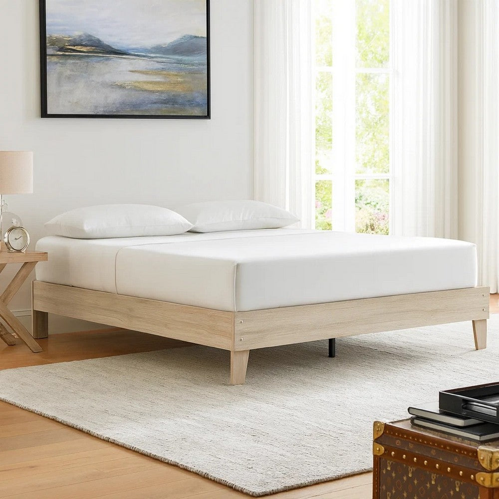 Benjara Soca King Size Platform Bed, Whitewashed Oak Grain, Low Profile, Plywood Base