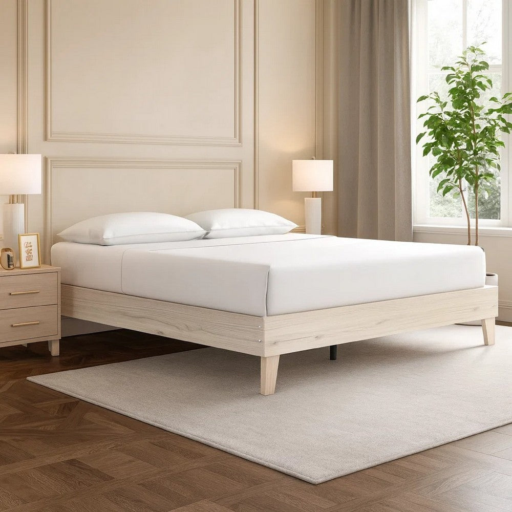 Benjara Soca King Size Platform Bed, Whitewashed Oak Grain, Low Profile, Plywood Base