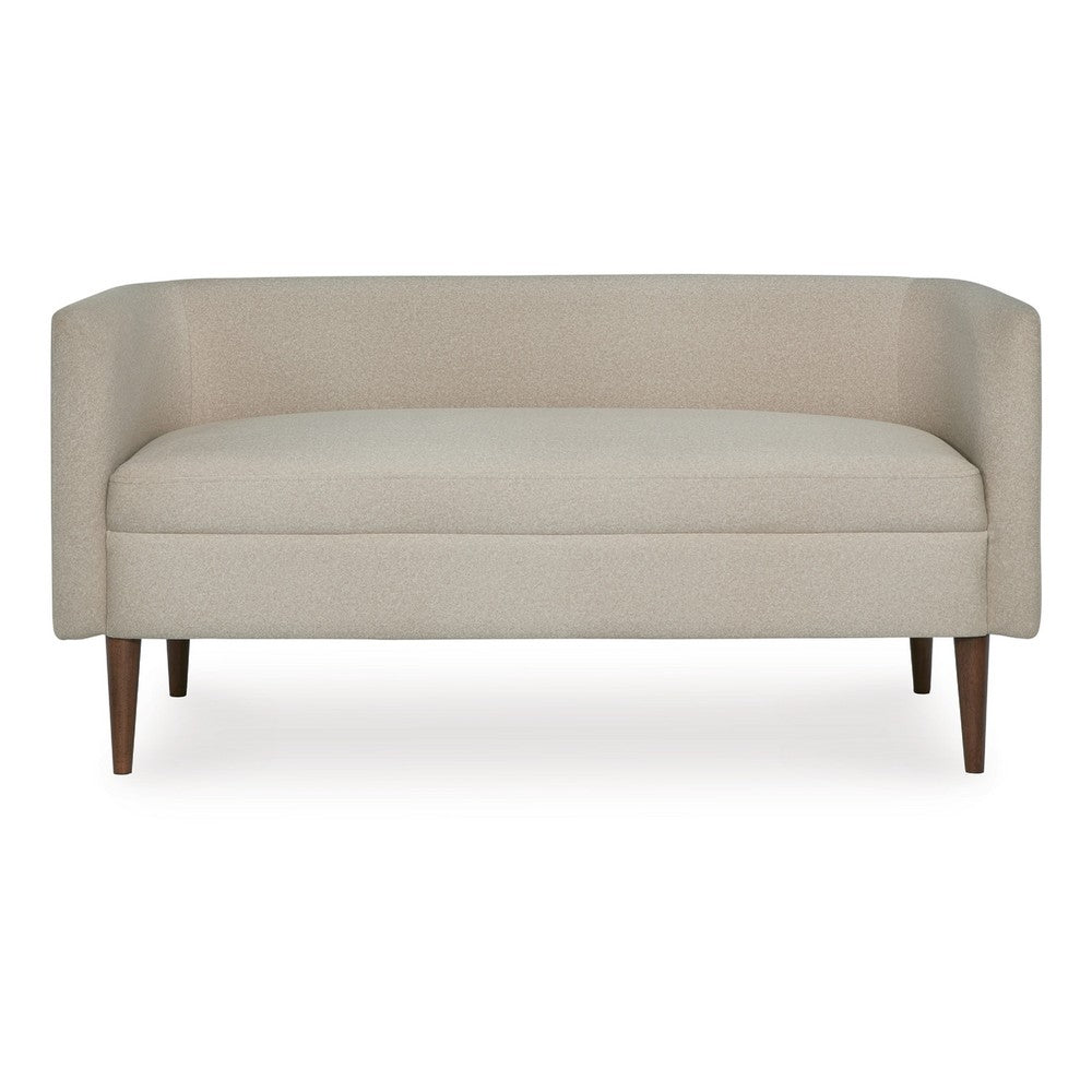 Benjara Wamy Accent Bench with Curved Back, 52 Inch Beige Polyester, Brown Wood