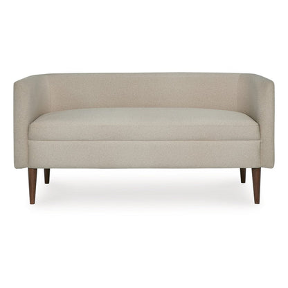 Benjara Wamy Accent Bench with Curved Back, 52 Inch Beige Polyester, Brown Wood