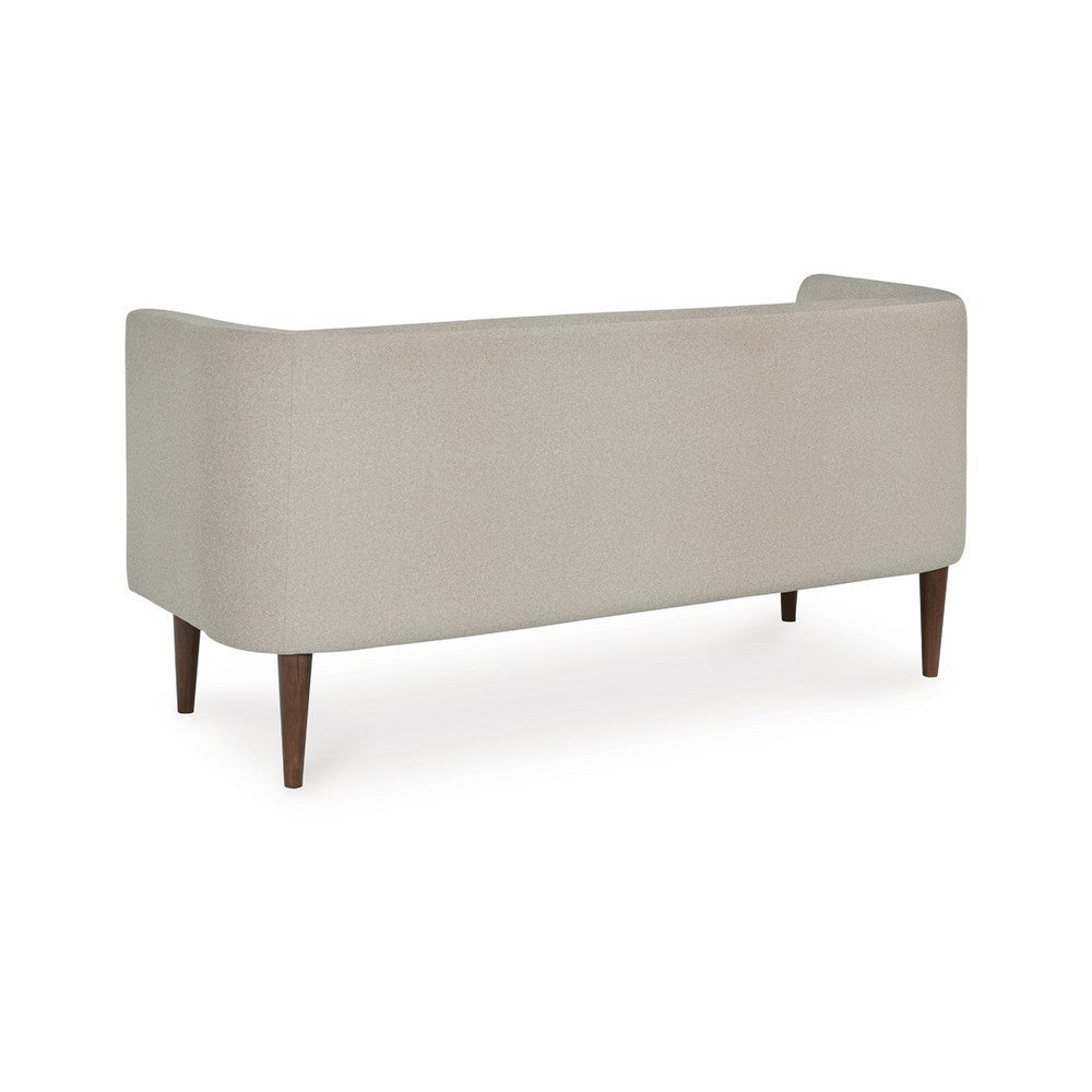 Benjara Wamy Accent Bench with Curved Back, 52 Inch Beige Polyester, Brown Wood