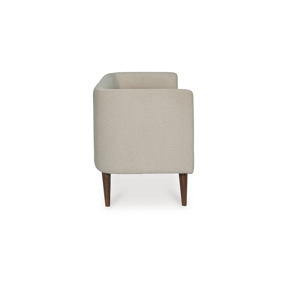 Benjara Wamy Accent Bench with Curved Back, 52 Inch Beige Polyester, Brown Wood