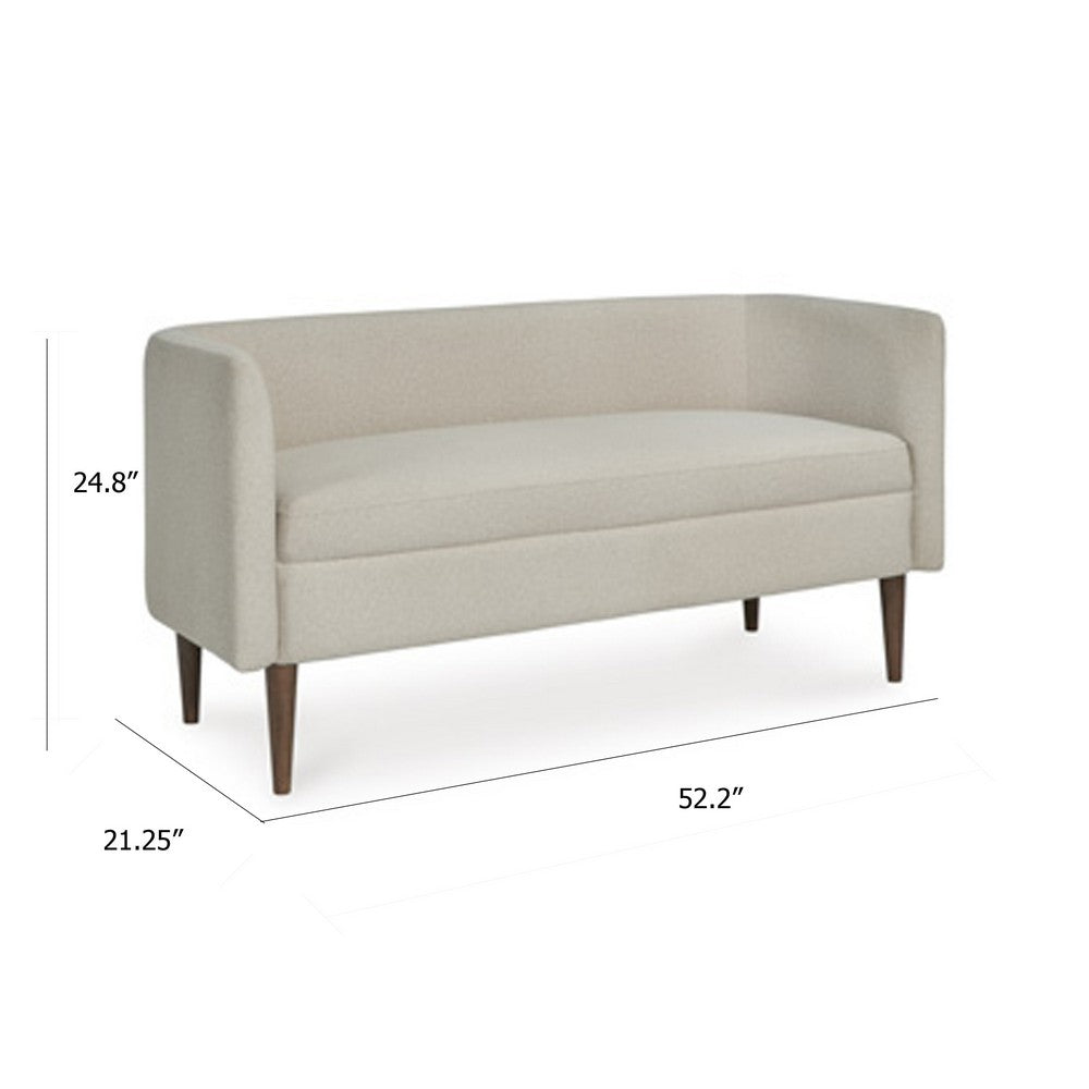 Benjara Wamy Accent Bench with Curved Back, 52 Inch Beige Polyester, Brown Wood