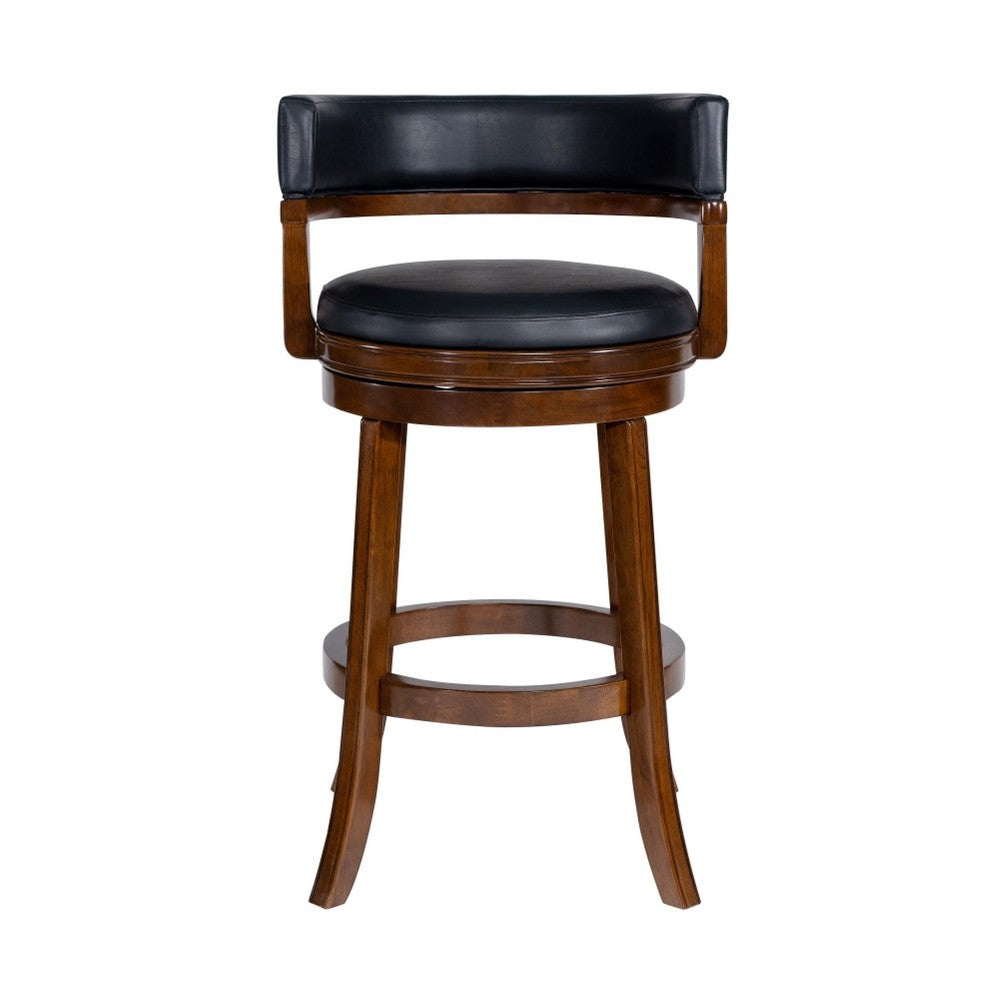 Benjara Bely Swivel Barstool Chair, Black Faux Leather, Cappuccino Brown Wood