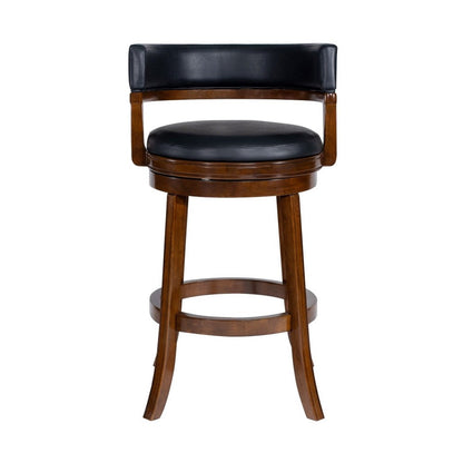 Benjara Bely Swivel Barstool Chair, Black Faux Leather, Cappuccino Brown Wood