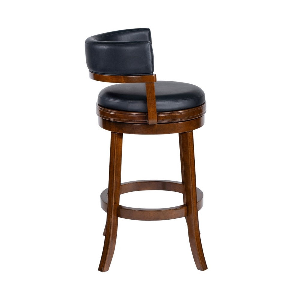 Benjara Bely Swivel Barstool Chair, Black Faux Leather, Cappuccino Brown Wood
