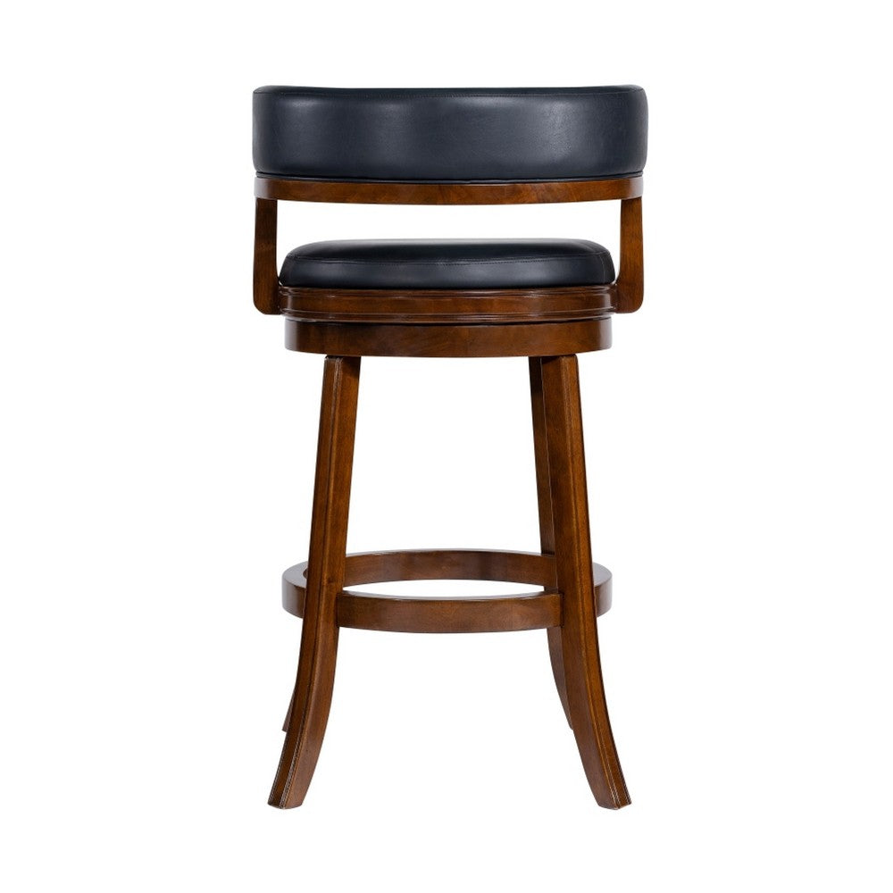 Benjara Bely Swivel Barstool Chair, Black Faux Leather, Cappuccino Brown Wood