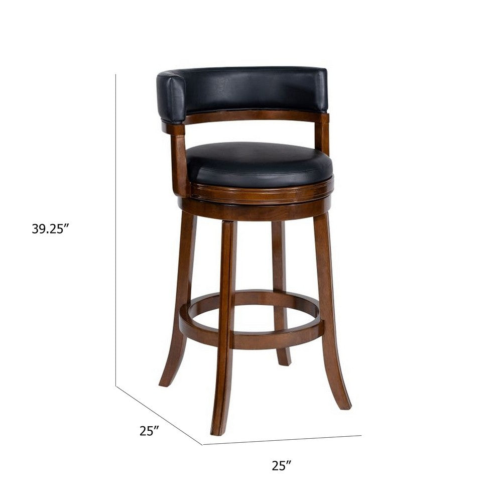 Benjara Bely Swivel Barstool Chair, Black Faux Leather, Cappuccino Brown Wood