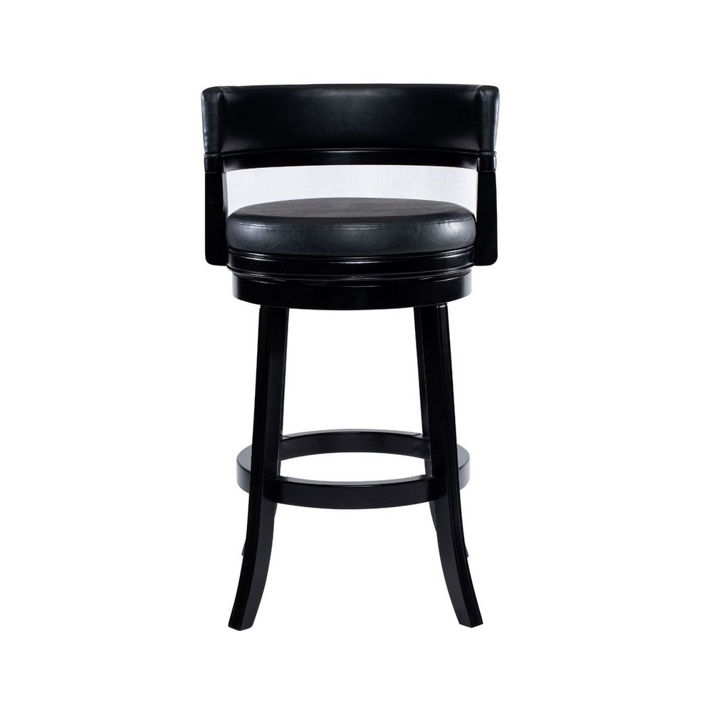 Benjara Bely Swivel Barstool Chair, Faux Leather Seat with Wood Frame, Black