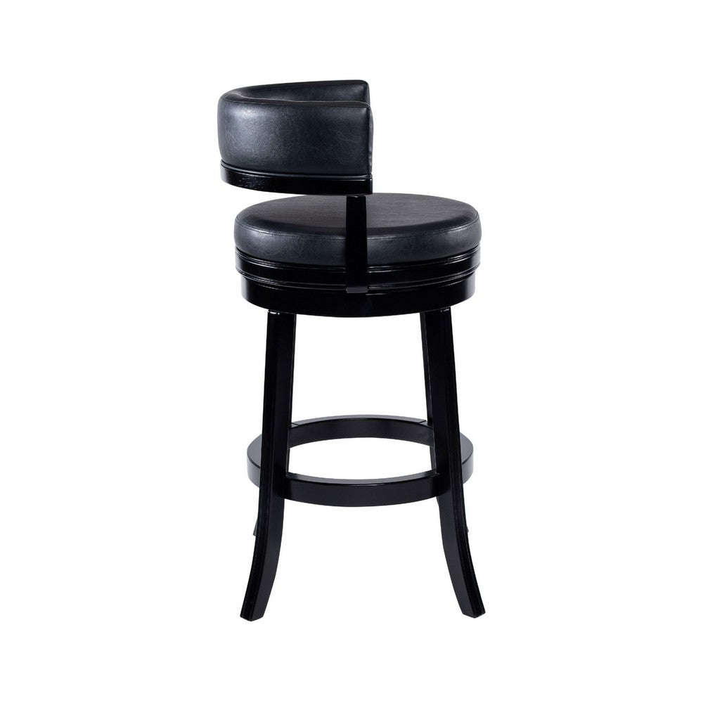 Benjara Bely Swivel Barstool Chair, Faux Leather Seat with Wood Frame, Black