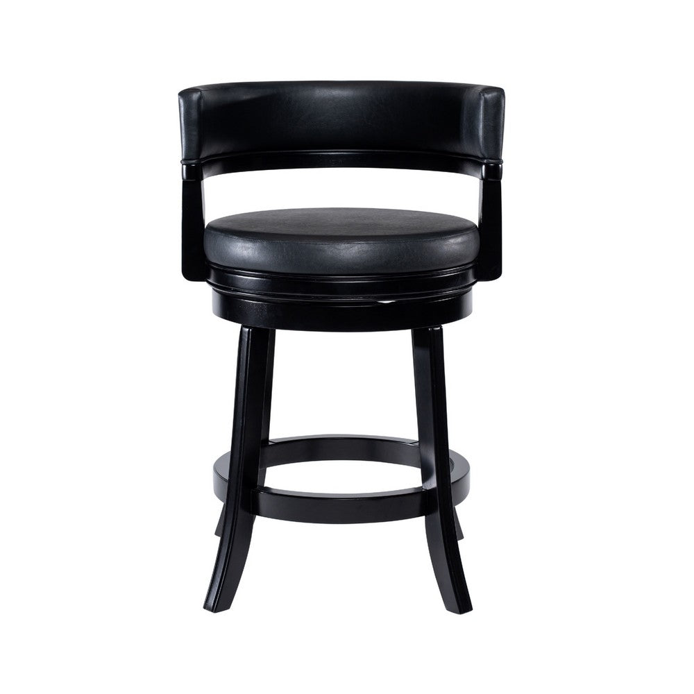 Benjara Bely Swivel Counter Stool Chair, Black Faux Leather Seat with Wood Legs