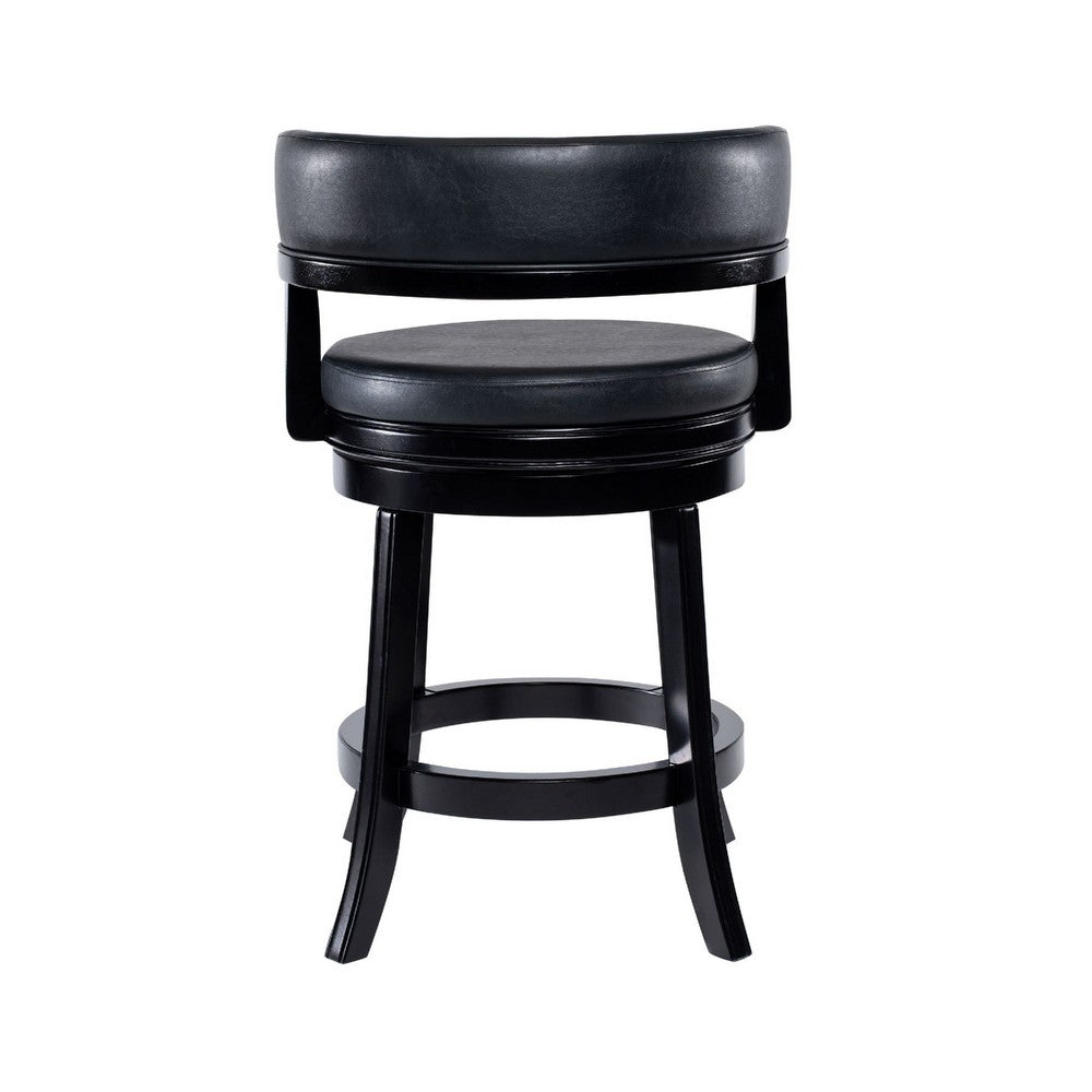Benjara Bely Swivel Counter Stool Chair, Black Faux Leather Seat with Wood Legs
