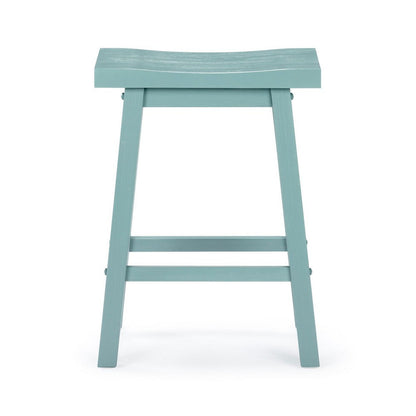 Benjara Amber Counter Height Stool, Saddle Seat, Light Blue Acacia Wood Frame