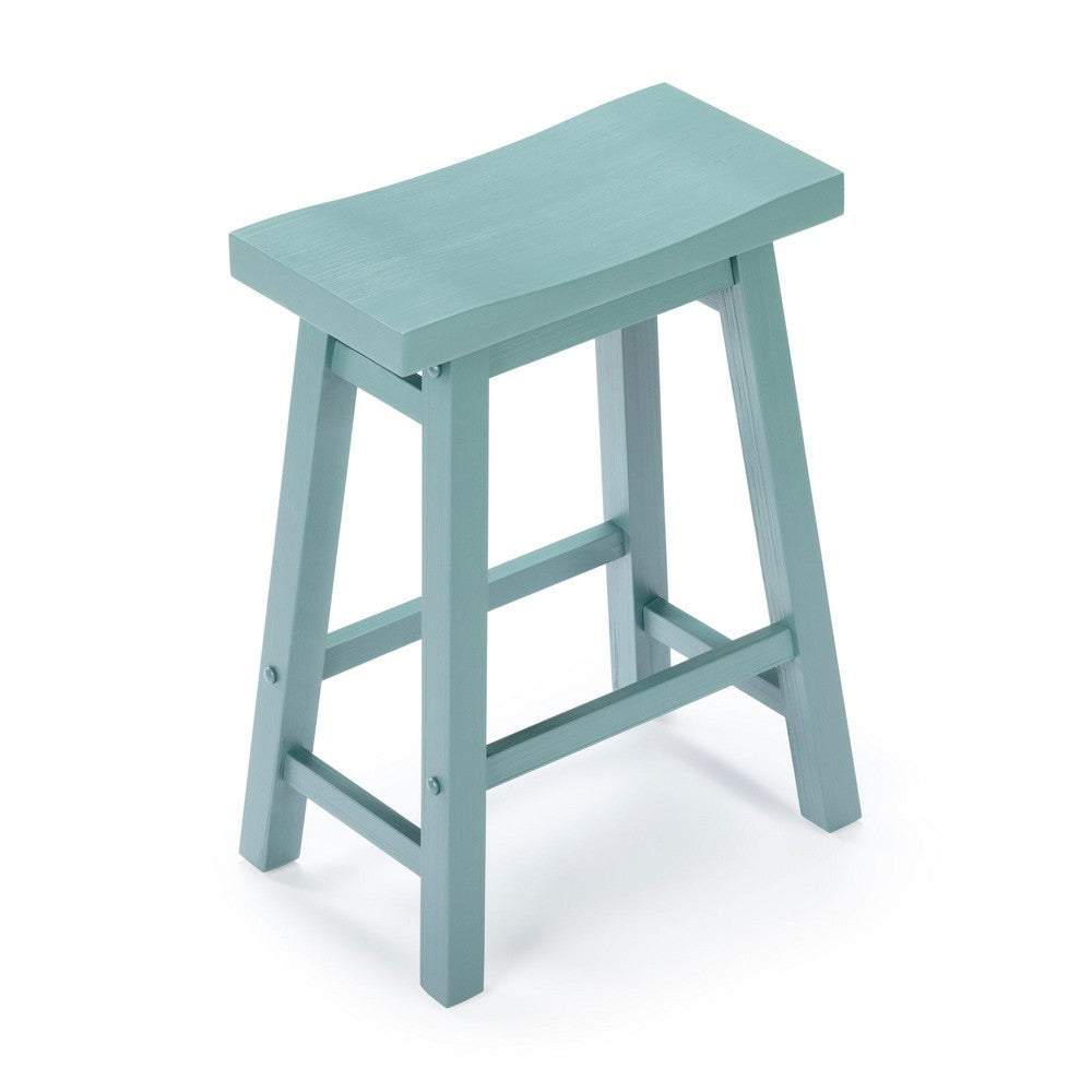 Benjara Amber Counter Height Stool, Saddle Seat, Light Blue Acacia Wood Frame