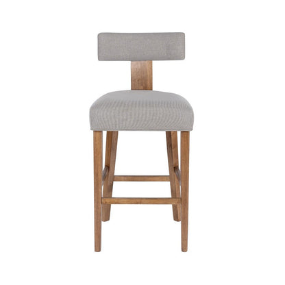 Benjara Tely Barstool Chair with Light Gray T Back, Natural Brown Wood Frame