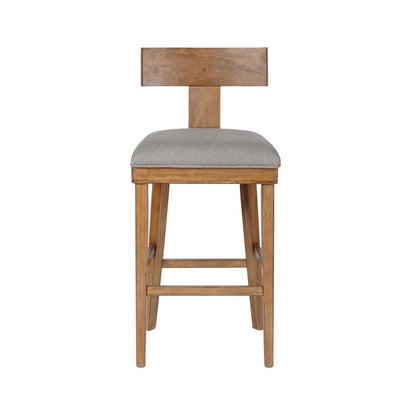 Benjara Hery Barstool Chair with Wood T Back Design, Light Gray Cushioned Seat