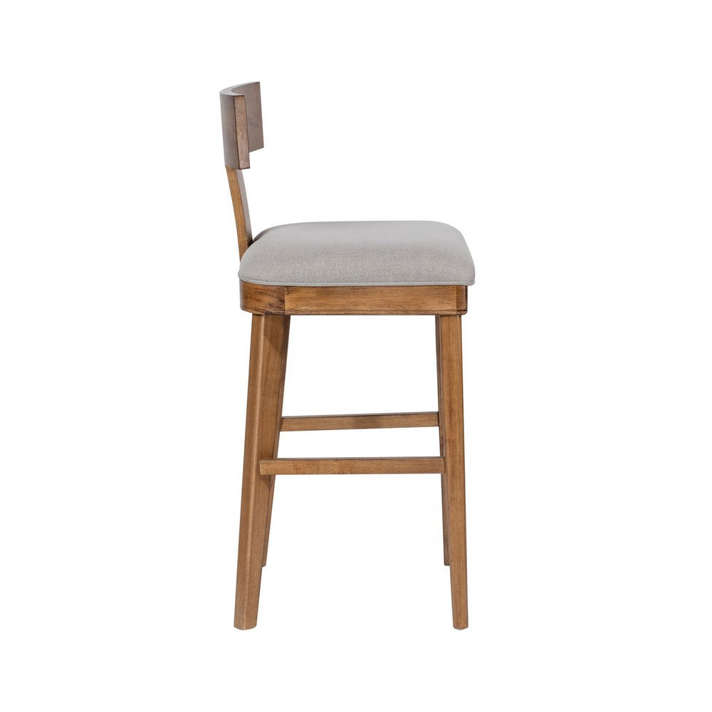 Benjara Hery Barstool Chair with Wood T Back Design, Light Gray Cushioned Seat