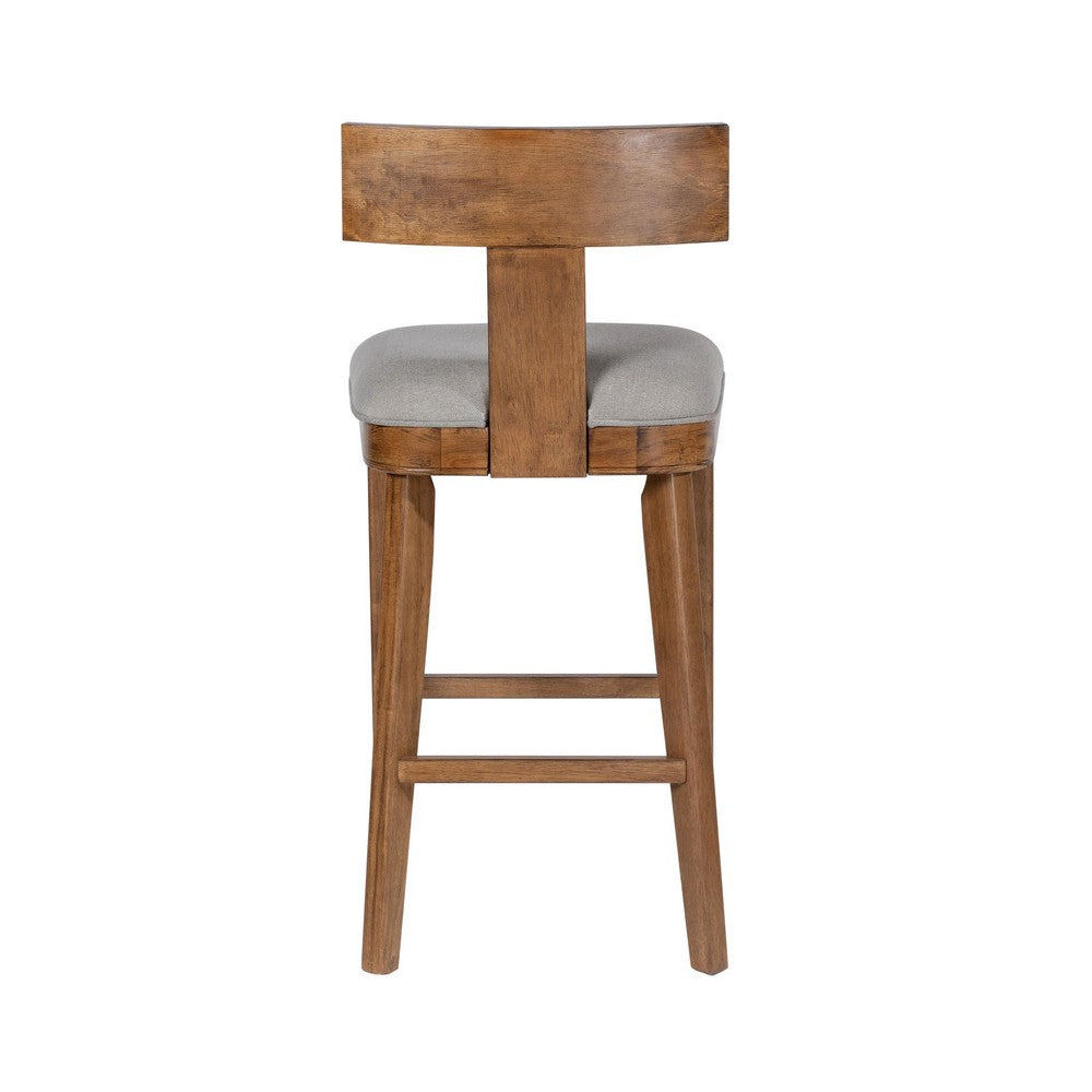 Benjara Hery Barstool Chair with Wood T Back Design, Light Gray Cushioned Seat