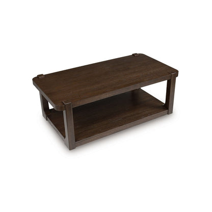 Benjara Kemu Coffee Table, 50 Inch Rectangular Top w Lower Shelf, Dark Brown