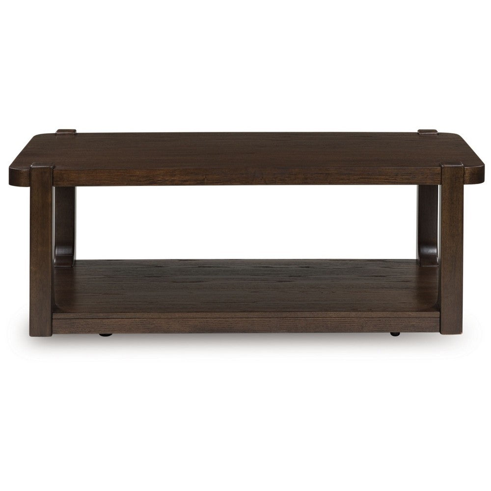 Benjara Kemu Coffee Table, 50 Inch Rectangular Top w Lower Shelf, Dark Brown